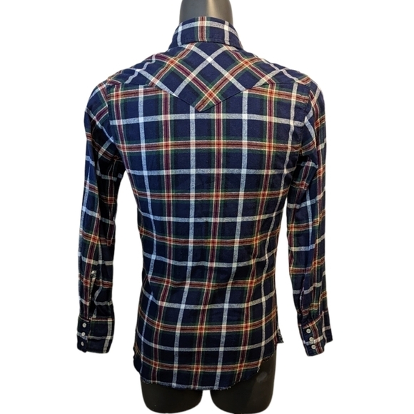 WRANGLER navy blue plaid flannel western shirt NO SIZE TAG - Picture 4 of 6